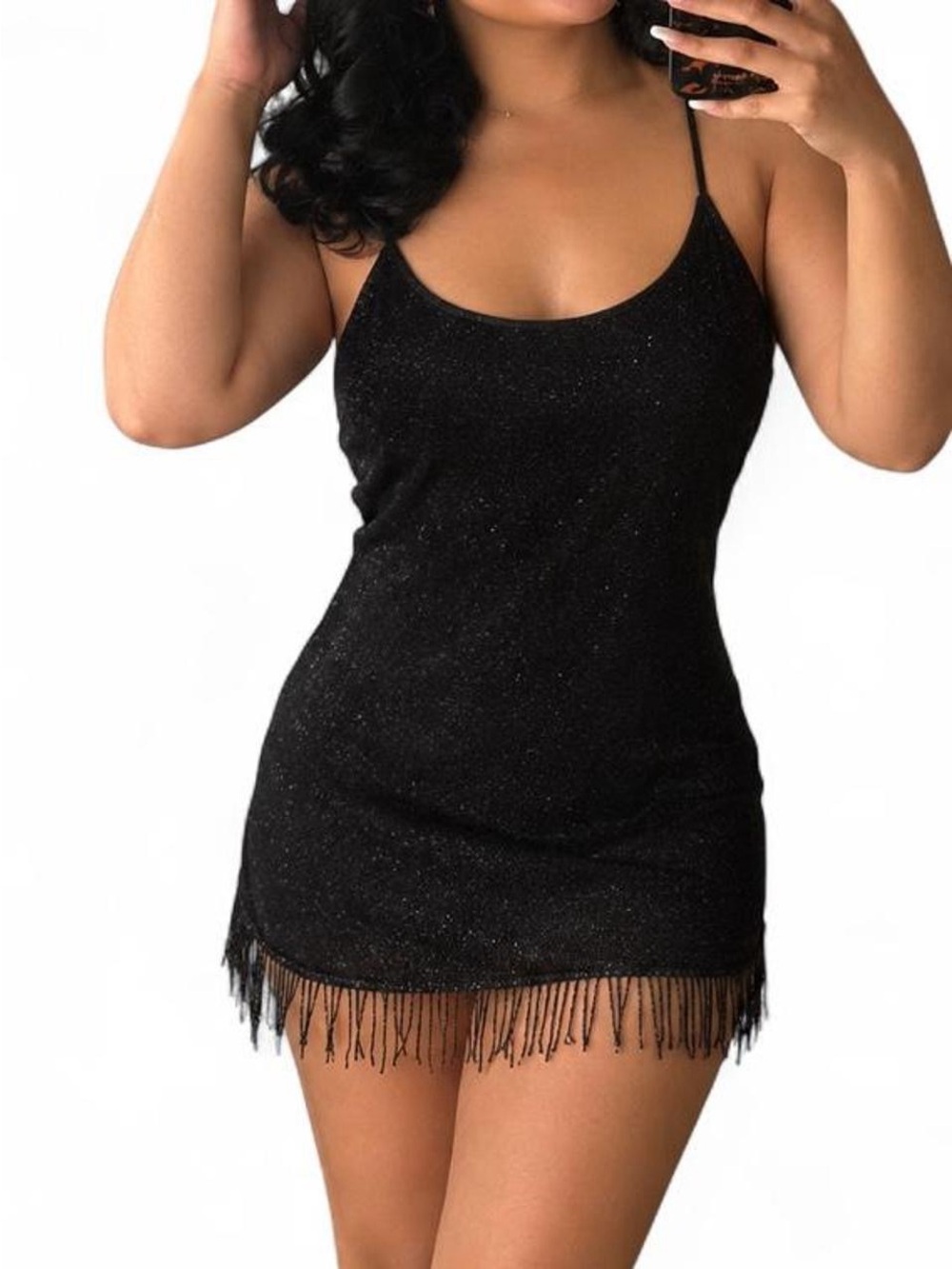 Night Way Collections Black Sparkle Slip Dress with Beaded Fringe